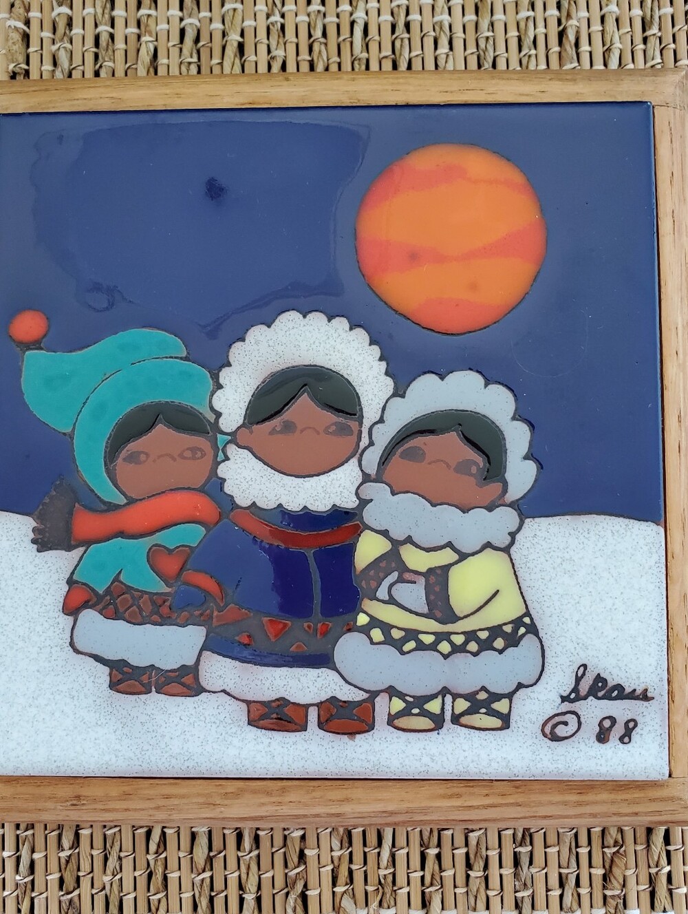 Myra Skau 1988 Caprichio Art Tile Trivet Indigenious Children. Framed In Oak.